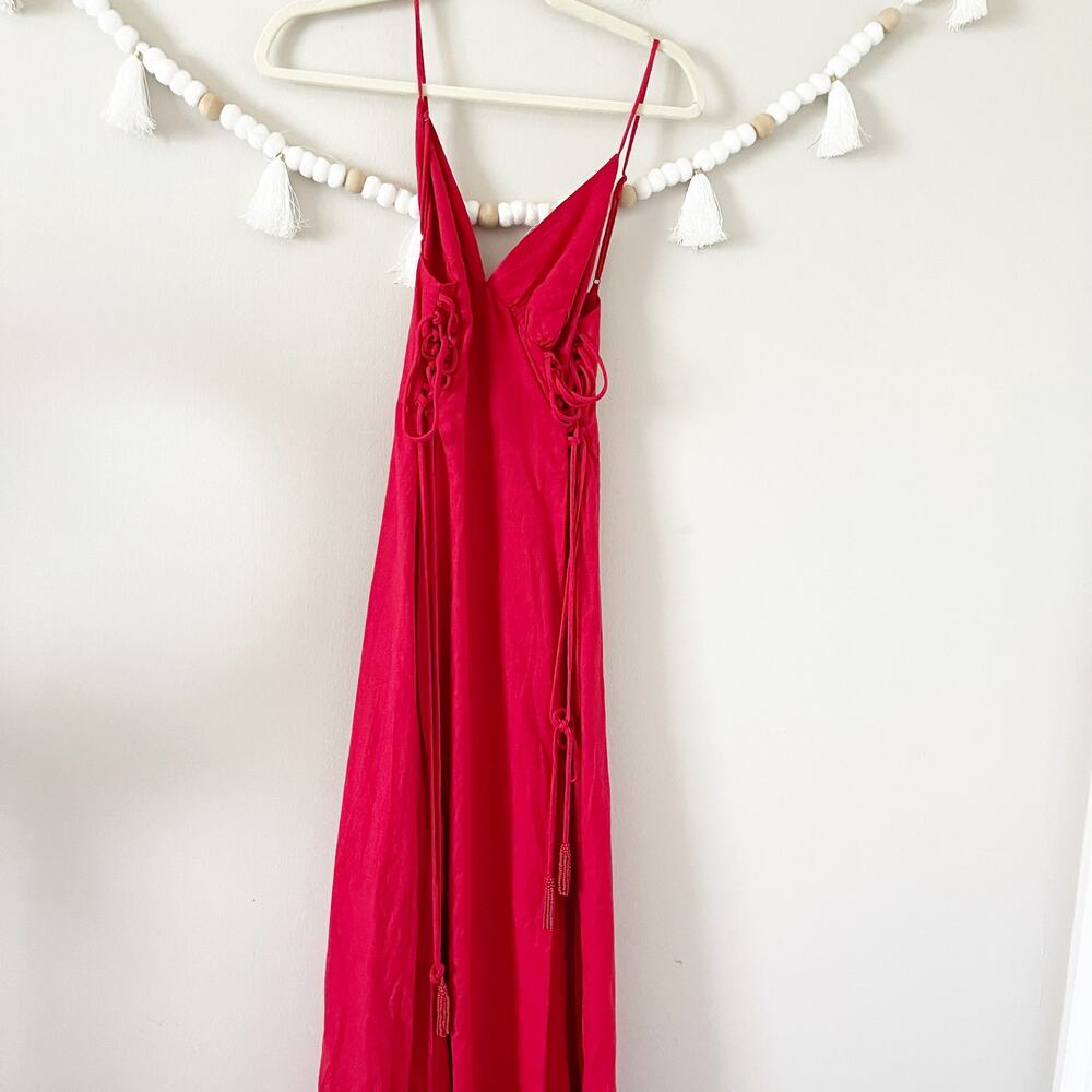 Farm Rio Linen-Blend Lace Up Midi Dress Fit & Flare Corset Glam Red Size Small - Picture 12 of 12